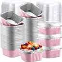 Aoriher 300 Pieces 10 oz Mini Cake Pans with Lids, Aluminum Foil Baking Cups, Square Disposable Cupcake Cups Baking Tins for Wedding Birthday Party Supplies(Pink)