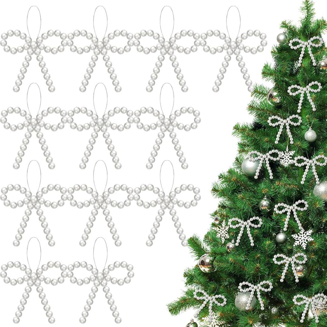 12 Pcs Pearl Bow Christmas Tree Ornaments - Christmas Tree Bead Bow Hanging Ornaments for Xmas Party Crafts, Wreaths, Gift Wrapping, Home Decoration(White)