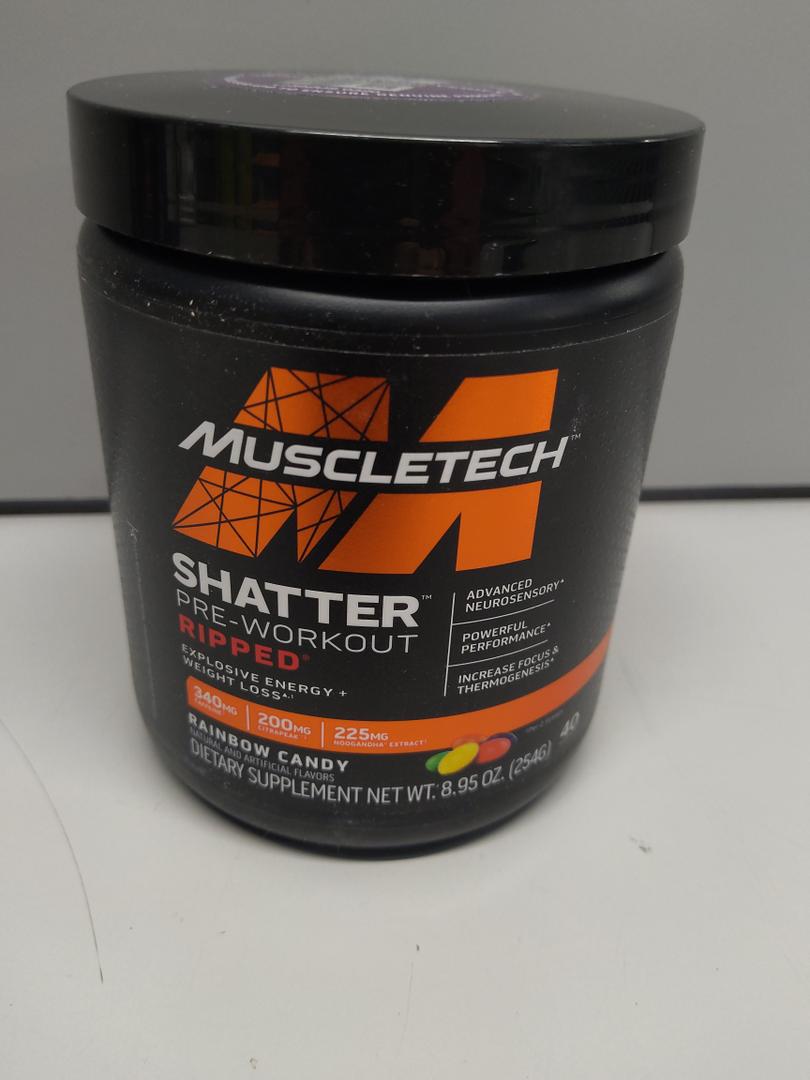 MUSCLETECH SHATTER PRE WORKOUT, RAINBOW CANDY, 40 SERVINGS, 8.95OZ(254G). 07/nov/2025