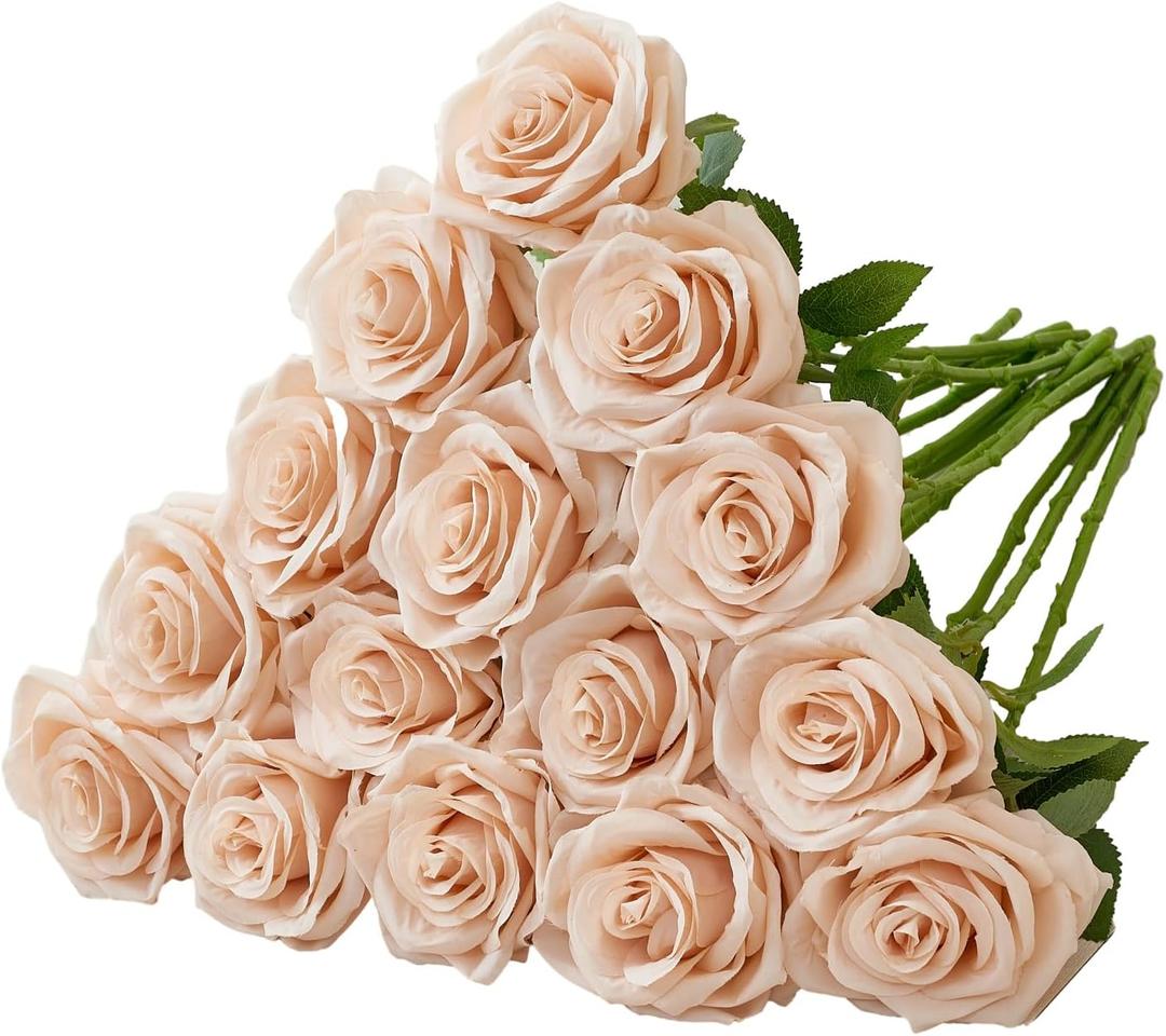 15pcs Fake Roses Artificial Silk Flowers Faux Rose Flower Long Stems Bouquet for Arrangement Wedding Centerpiece Party Home Kitchen Decor