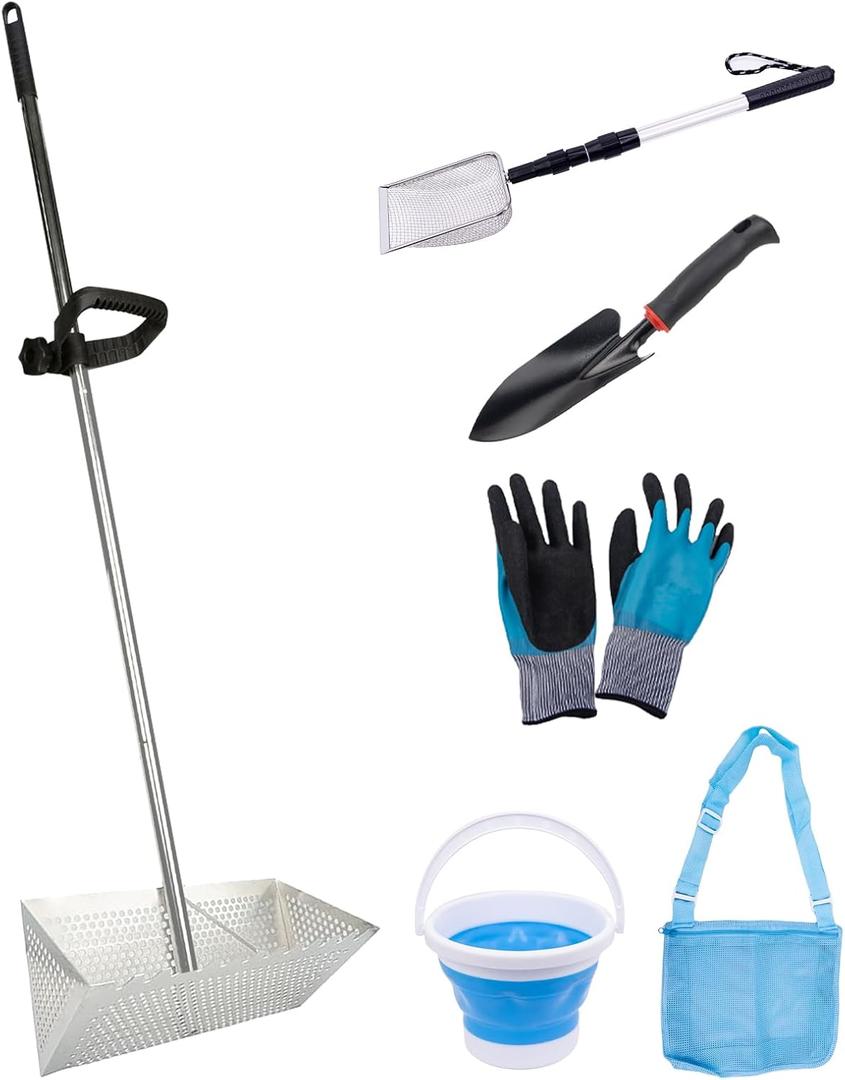 Sand Fleas Rake Set,Detachable 52 Inches Long Handle,Includes 1pcs Sand Flea Rake,1pcs Sand Sifter,1pcs Beach Bag,1pcs Black Beach Shovel,1pcs Foldable Fishing Bucket,One Pair of Gloves