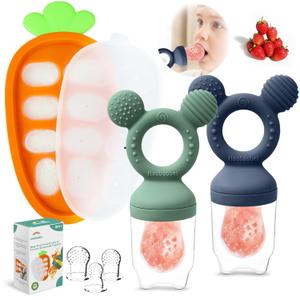 Baby Fruit Feeder Set  3-Size Silicone Teether with Ice Cube Tray | Leakproof Self-Feeder for 3-24 Months | BPA-Free, Dishwasher Safe | Baby-Led Weaning Essential (Green Blue)