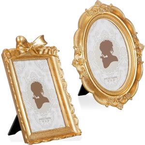 Qunclay 2 Pcs Vintage Picture Frames Antique Baroque Ornate Resin Rectangle Oval Photo Frames with Glass Front Tabletop and Wall Decor for Home Wedding Christmas Party Decor(Gold,4 x 6 Inches)