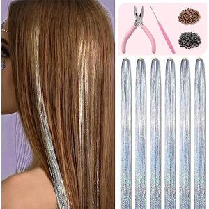 Silver Hair Tinsel Kit 48 Inches 1200 Strands with Tools and Instruction Easy to Install Fairy Glitter Tinsel Hair Extensions for Women and Girls，Shinny Sparkling Braiding Hair Accessories for Halloween Cosplay Party