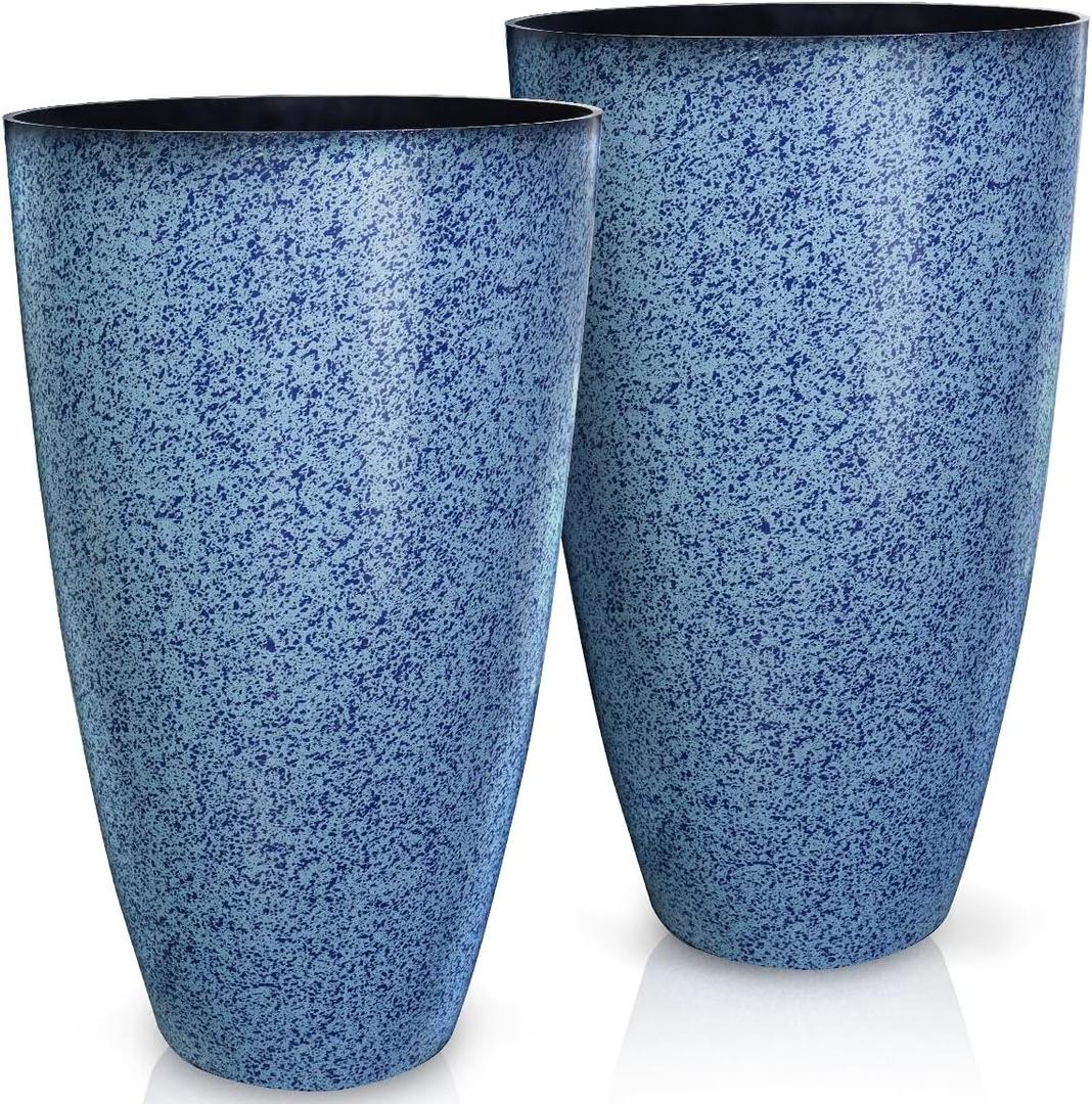 2 Pcs Pack 21 Inches Plastic Resin Tall Tapered Planter Pots Large Round Planter Flower Pot with Drainage Holes for Indoor Outdoor Deck Porch Garden Home Patio Front Door (Blue, L)