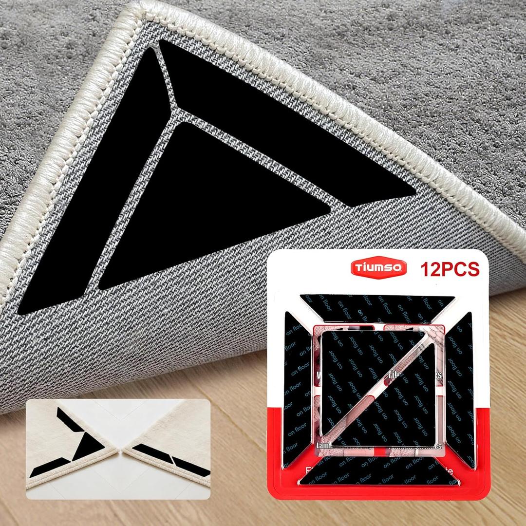12Pcs Rug Gripper Pad, Double Sided Carpet Tape for Area Rugs, Non Slip Rug Pads Grippers for Hardwood Floors, Rug Pad for Preventing Curling and Bunching, Black