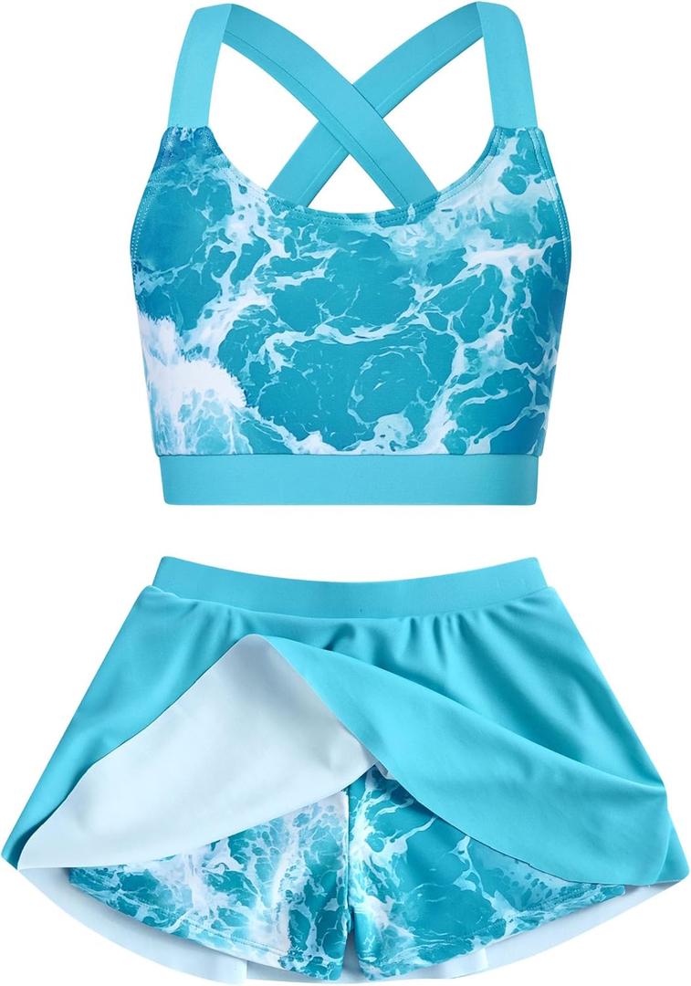 Cutemile 5-16 Years Girls Two Piece Tankini Swimsuit with Boyshort Bathing Suit Quick Dry Beach Swimwear (Blue)