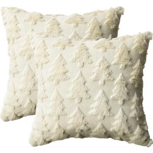 AVOIN colorlife Christmas Tree Beige Throw Pillow Covers Set of 2, 16 x 16 Inch Soft Plush Faux Fur Jacquard Festivals Winter Cushion Case Decoration for Sofa Couch