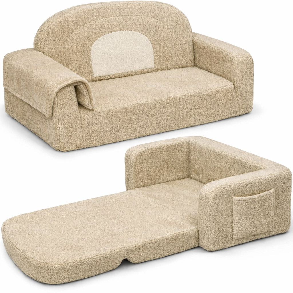 Extra Wide Kids Couch, 2-in-1 Soft Toddler Couch with Blanket, Comfy Toddler Chair, Convertible Sofa with Cute Rainbow Design