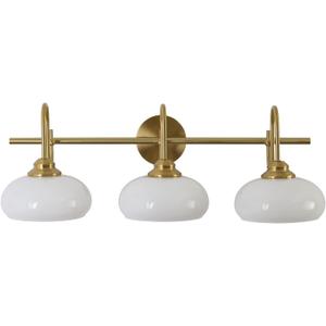 KCO Lighting Milk Glass Bathroom Vanity Light Gold White Globe Sconce 3 Light Vanity Light Fixture Brass Gooseneck Wall Sconce Mid Century Modern Wall Light, 29.5" x 14" x 9.6"