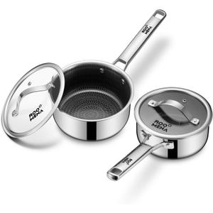 Nonstick Sauce Pan with Lid, Non-Toxic Tri-Ply Hybrid Ceramic Saucepan, 1.5&2.5 Quart Stainless Steel Pans, PFAS/PFOA/PTFE Free, Dishwasher & Oven Safe, Induction Compatible