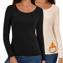 Bonneuitbebe Women's Thermal Shirt 2 Pack Long Sleeve Crewneck Fleece Lined Undershirt Ultra Soft Base Layer Tops (Medium, Black & Beige)