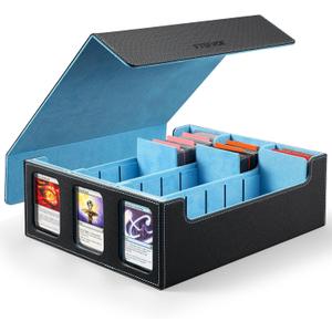 Trading Card Storage Box for Commander - 2400+ Card Deck Box with Removable Cover, 24 Colorful Divider Tabs, Card Storage Box with Viewing Windows Fits for Magic Game (Black&Wathet)