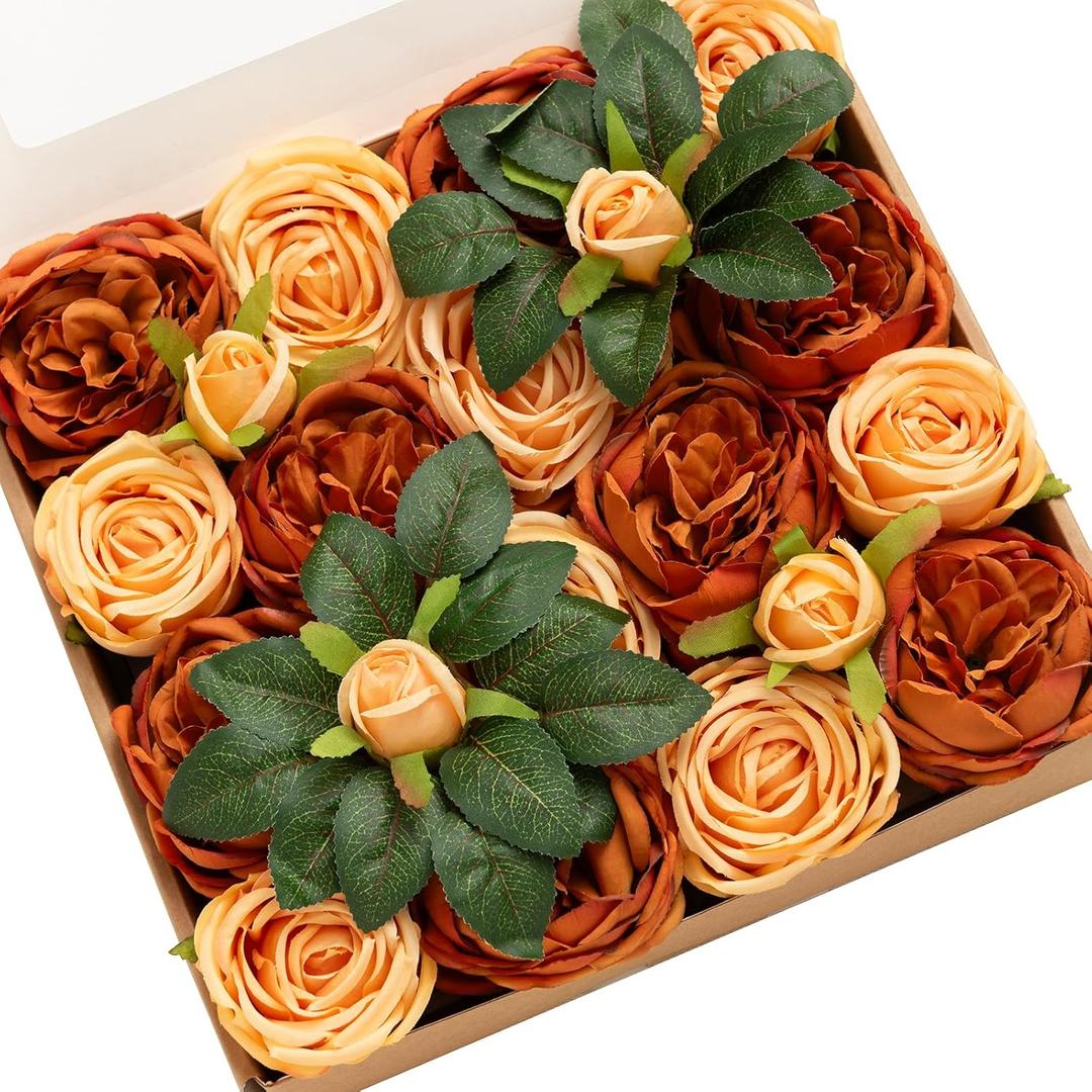 Ling's moment Artificial Flowers Terracotta Silk Austin Roses Orange Silk Roses w/Stem for Fall Wedding Bouquets Centerpieces Party Home Decoration