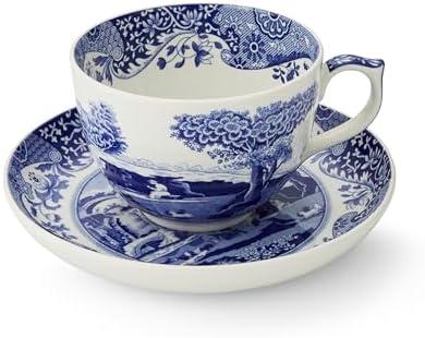 Spode Blue Italian Teacup and Saucer, 20-ounce Capacity, Jumbo Tea Set, Coffee Mug, Cup for Tea, Lattes, Espressos, and Hot Beverages - Blue &White