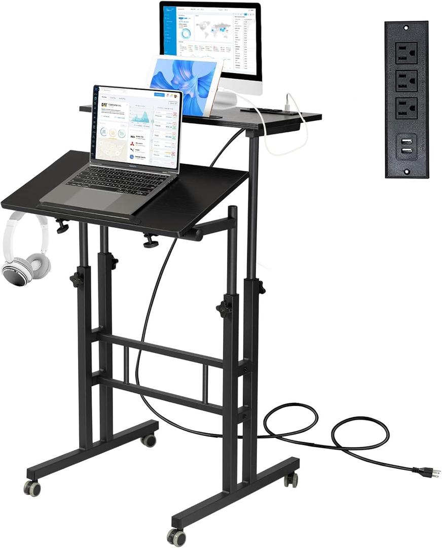 Hadulcet Mobile Standing Desk with Charging Station, Adjustable Standing Computer Desk, Standing Adjustable Laptop Cart with Wheels for Home Office Classroom Black (Upgrade)