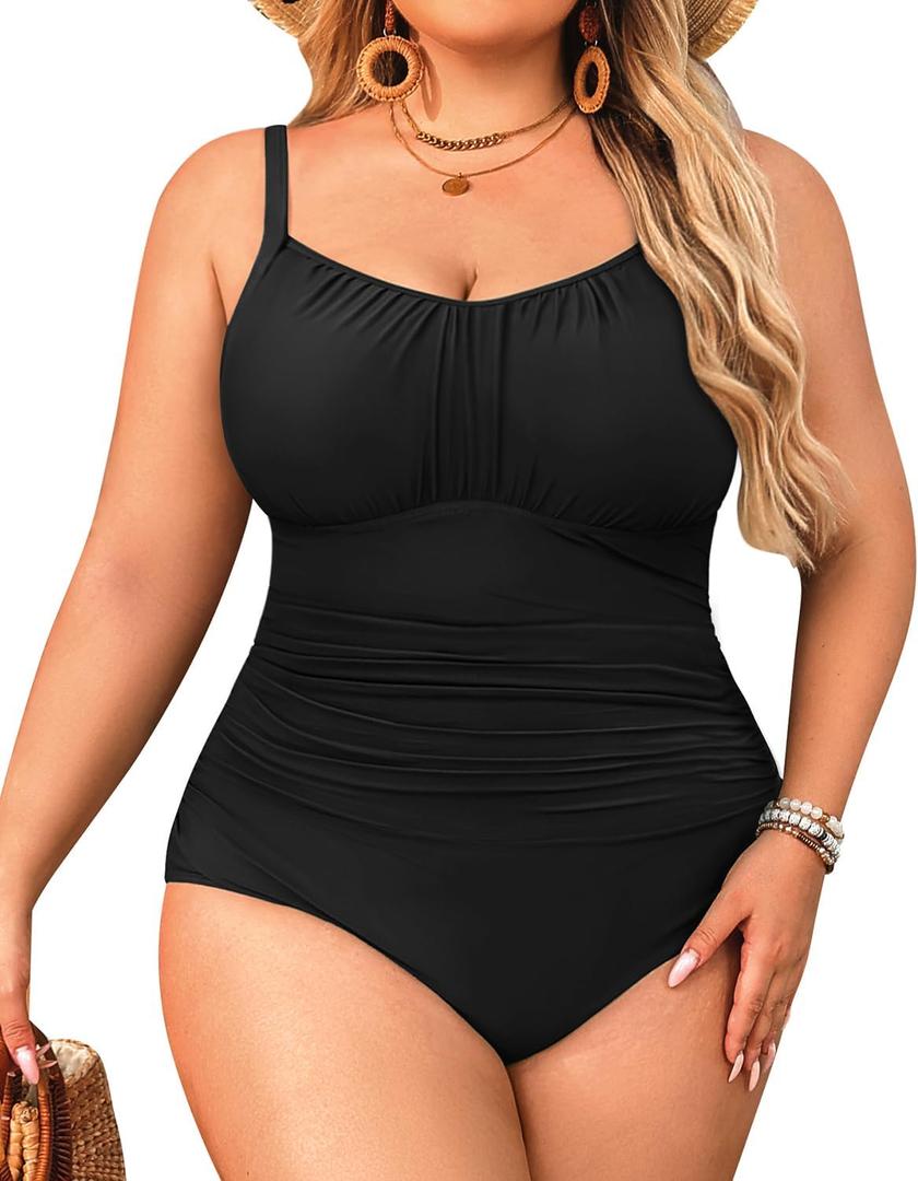 Aqua Eve Plus Size Swimsuit for Women Tummy Control One Piece Bathing Suit Vintage Swimwear Black 14W