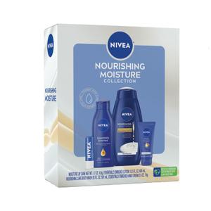 NIVEA Nourishing Moisture Collection Skin Care Set, Nourishing Care Body Wash, 20 Fl Oz Bottle + Body Lotion, 13.5 Fl Oz Bottle + Hand Cream, 2.6 Oz Tube + Moisture Lip Care Balm, 0.17 Oz Stick (4 Piece Set)