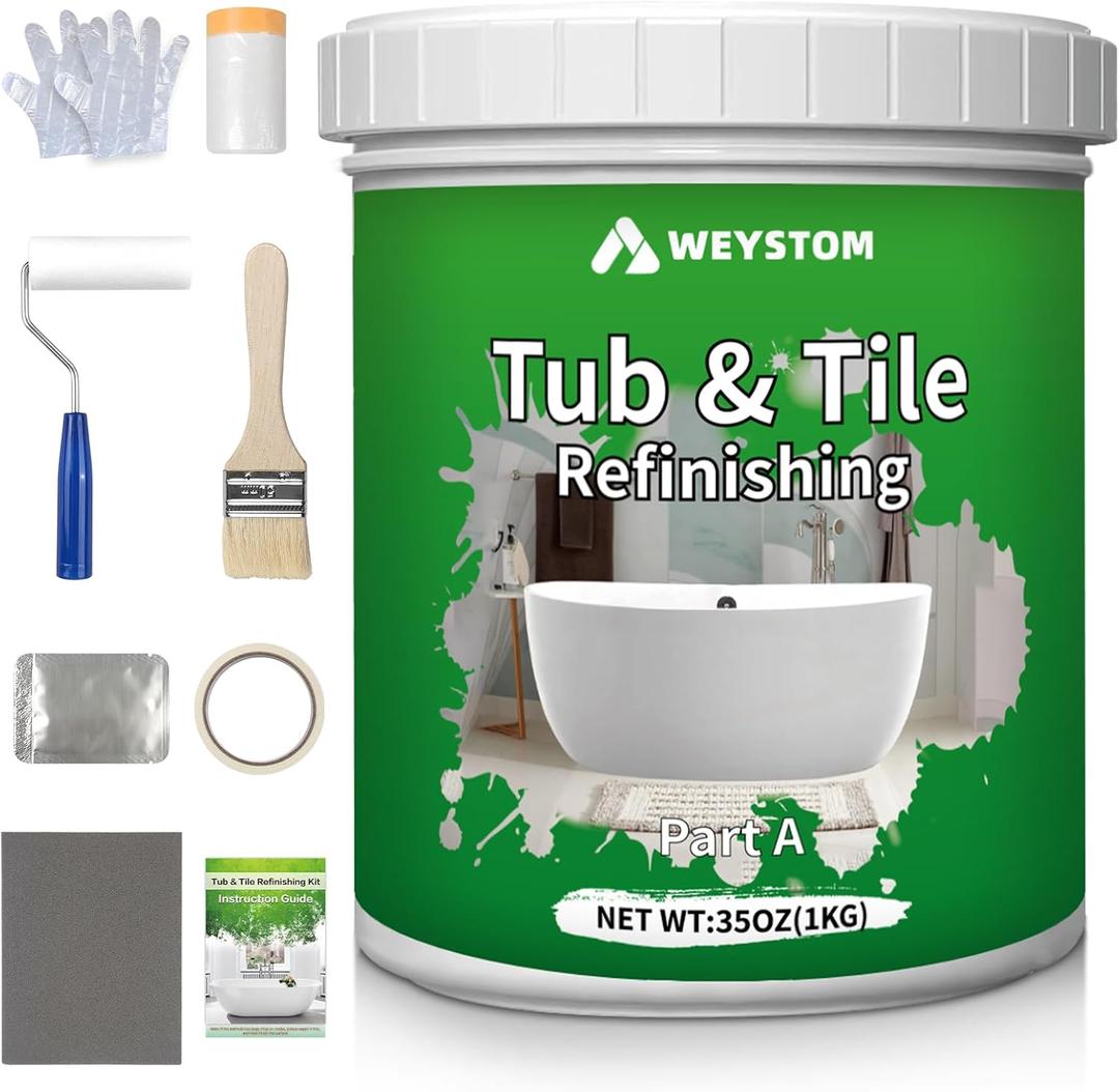 Tub and Tile Refinishing Kit  Tile & Bathtub Paint, 35oz(1KG) White DIY Sink, Bathtub, and Countertop Reglazing Coating Kit, Odorless & No-Peel with Tools