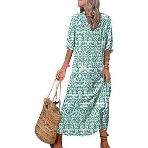 Dokotoo Women Boho Summer Dress 2024 Frill Short Sleeve Tassel V Neck Ruffle Flowy A-Line Maxi Dresses, M
