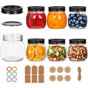 8 oz Mason Jars 6 Pack with Black Lids, Leakproof Canning Jars for Candle Making, Jam, Honey, Spices, Food Storage, Reusable Storage Containers for DIY Crafts, Includes Tags & Twine.