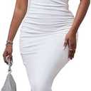 BTFBM Women's Ruched Bodycon Dress Summer Casual Sleeveless Back Slit Elegant Club Evening Party Cocktail Maxi Dresses L