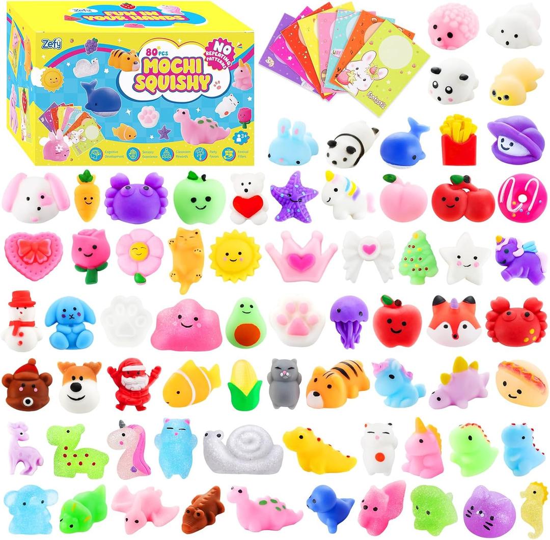 Zefy 80 Pcs Mochi Squishy Toys with Cards, Squishy Fidget Toys Valentine Party Favors for Kids 4-12, Classroom Prizes Treasure Box for Pinata Stuffers Goodie Bags Easter Basket Birthday Gifts