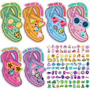 Valentines Day Cards for Kids School 48 Sets Valentine's Day Cards with 96Pcs Shoe Charms Valentines Shoe Accessories Clog Decor Valentine Greeting Card for Classroom Exchange Gifts Party Favor