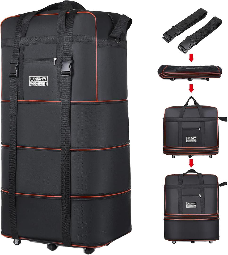 Expandable Large Capacity Travel Bag Oxford Cloth Duffel Bag with Wheels Lightweight Waterproof Travel Foldable Suitcase(Black)