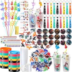 Wettarn 195 Pcs Dragon Themed Birthday Party Favors Gift for 18 People Include Cup with Lids Badges Mini Dragon Model Stickers Straw Bracelets Keychain Puffy Card for Goodie Bag Filler