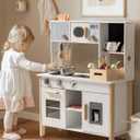 ROBOTIME Play Kitchen for Kids, Wooden Kids Play Kitchen Playset with Cutting Toy Food Set, Toaster and Toddler Gardening Sets- Toddlers Play Kitchen Gifts for Boys and Girls Ages 3+