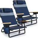 WOVN Premium Reclining Beach Chairs 2 Pack - Portable Lay Flat Folding Beach Chair for Adults - Includes Shoulder Backpack Strap, Pillow, 2 Pockets, and Cup Holder - Lido