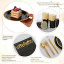 meekoo 350 Pcs Black Party Dinnerware Set Disposable Paper Plates for 50 Guests 9in and 7in Dinner Dessert Plates Napkins Gold Rim Plastic Cups Knives Forks Spoons for Party Wedding(Round)