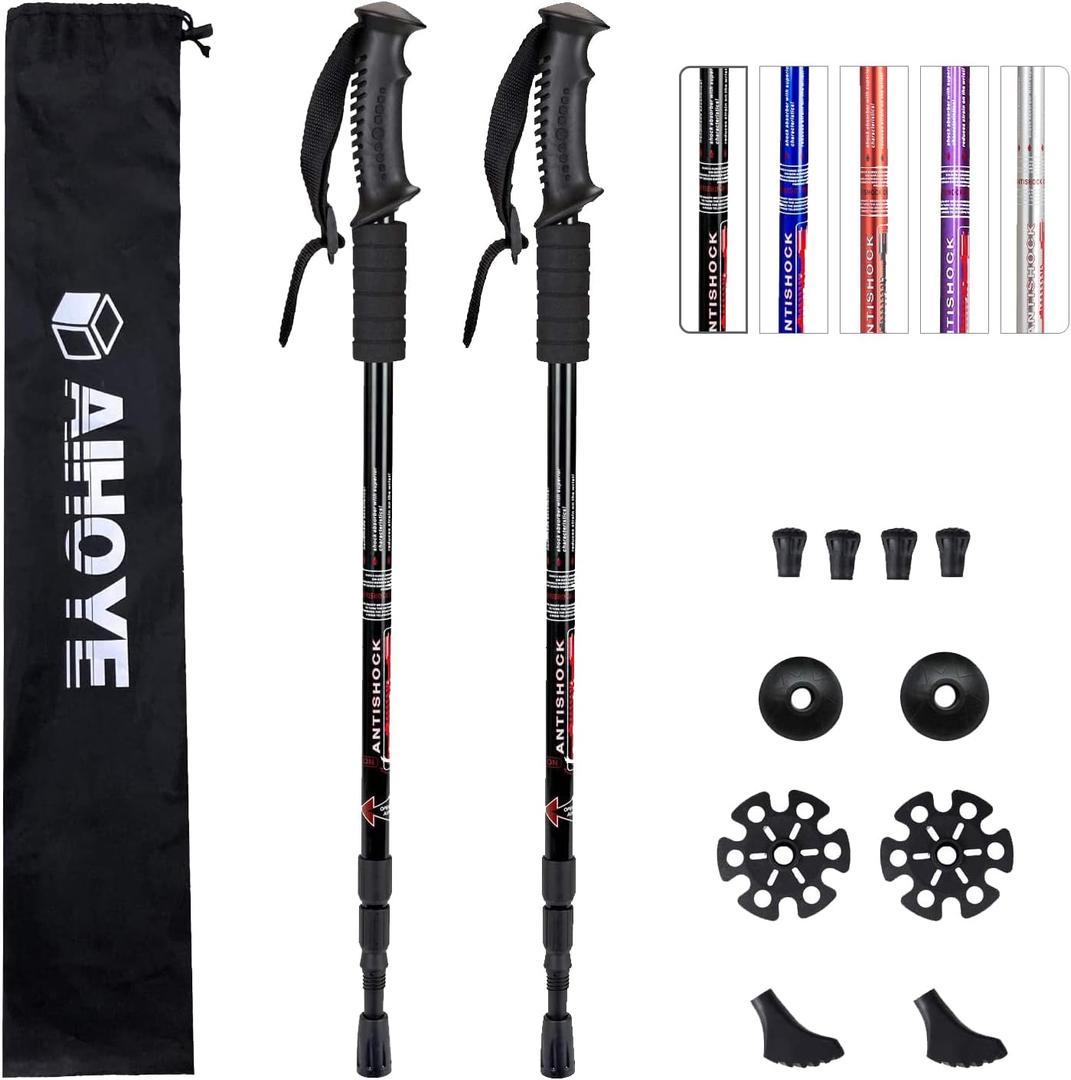 Aihoye Hiking Trekking Poles, 2 Pack Collapsible, Lightweight, Anti Shock, Walking Sticks, Adjustable Hiking Pole for Men and Women (Black)