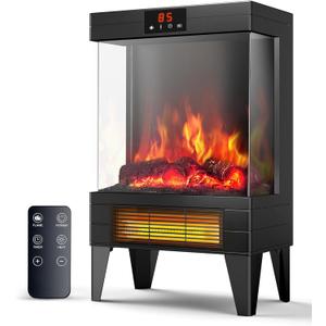 Electric Fireplace Stove Heater - Freestanding Fireplace Heater for Indoor Use with Realistic 3D Flame, Adjustable Thermostat & Remote, Quiet, Timer for Living Room and Bedroom