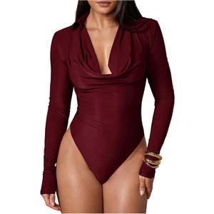 WDIRARA Women's Draped Cowl Neck Long Sleeve Bodysuit Sexy Collared Body Suit Tops (Large, Burgundy)