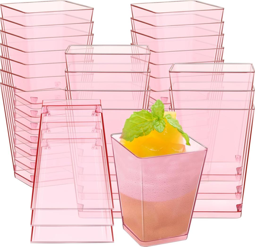Mifoci 25 Pcs Pink 5 oz Plastic Dessert Cups Appetizer Cups for Parties Mini Square Disposable Dessert Bowls Parfait Bowls for Pudding Fruit Yogurt Ice Cream Mousse