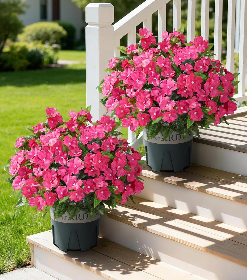 Artificial Flowers for Outdoors, 2 Set Fake Potted Flowers 12 Bundles UV Resistant Realistic Silk Faux Impatiens with Pot for Outside Balcony Garden Window Box, Rose