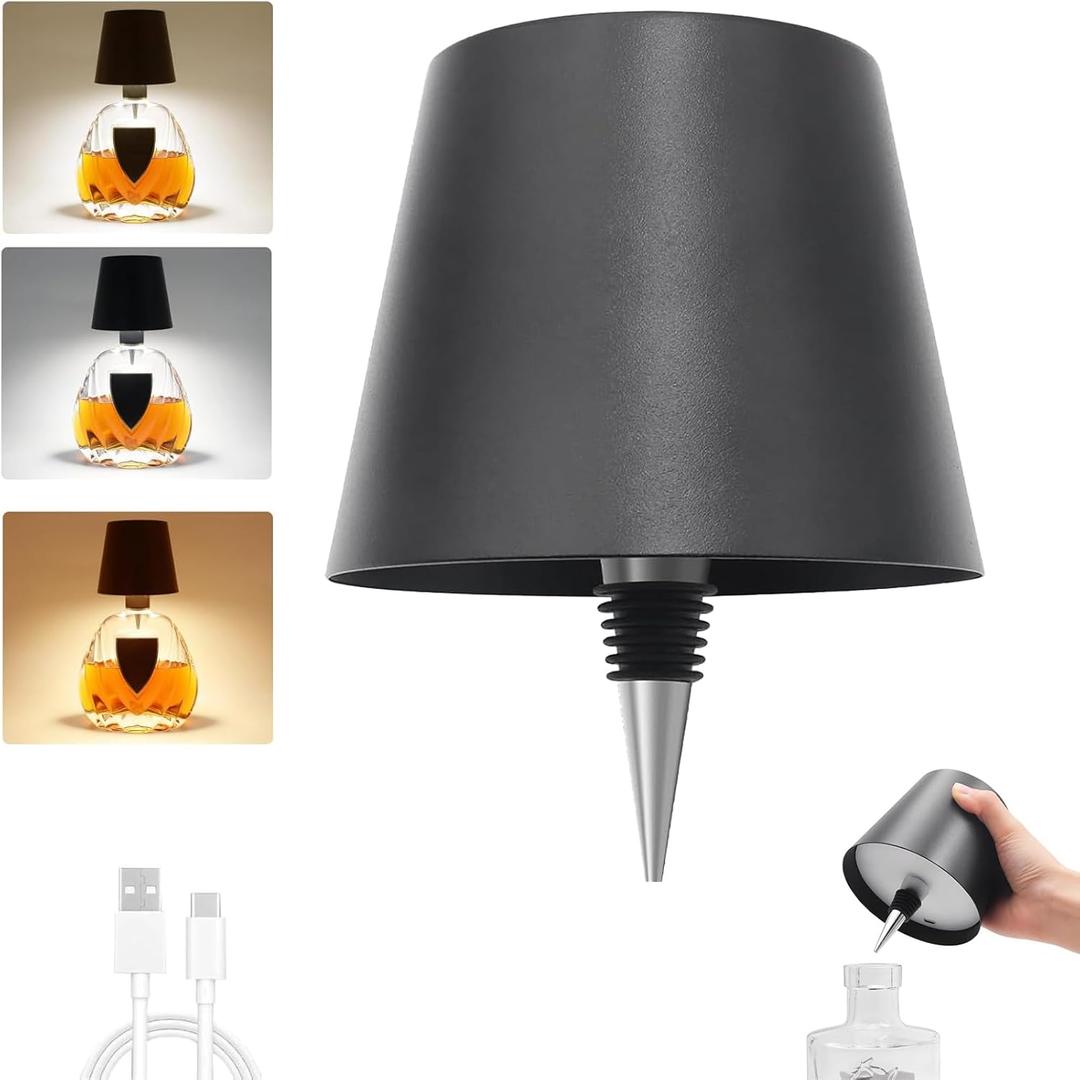 TGXCF Wireless Bottle Lamp,Metal Wine Bottle Light with 3 Color Light Dimming, Waterproof Bottle Touch Lamp Head for Room, Bar, Restaurants, Party, Decor & Gifts (Black)