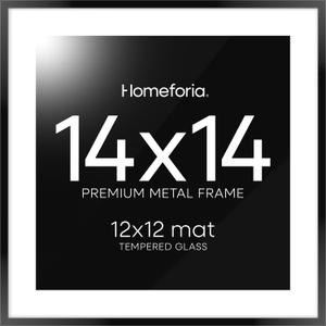 Homeforia 14x14 Picture Frame Black, High End Metal 14 x 14 Square Poster Frames with Mat 12 x 12 Photo, 14x14 Black Frame Matted to 12x12 Print, 14by14 Thin Frames, Tempered Glass, Wall Kit, Set of 1