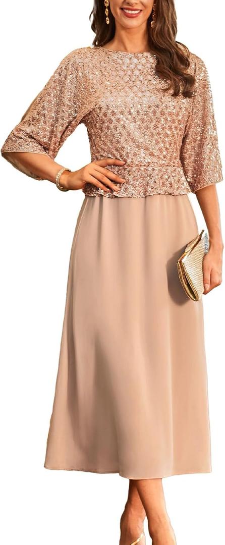 GRACE KARIN Mother of Bride Dresses 2025, 3/4 Sleeve Sequin Dress Maxi, Elegant Wedding Guest Dress Formal Cocktail (Small, Champagne Gold)