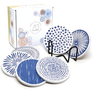 AD Set of 6 Coasters for Drinks Absorbing Round Ceramic Stone Coaster with Cork Base,Tabletop Protection Mat for Mugs and Cups,Office,Kitchen (Doris 2 with Holder)