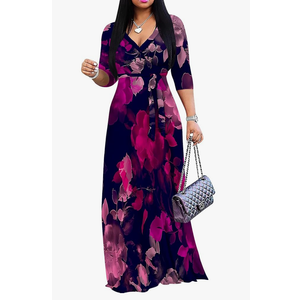 Plus Size Dresses for Women Floral Print Maxi Dress Flowy 3/4 Sleeve with Belt, 3XL
