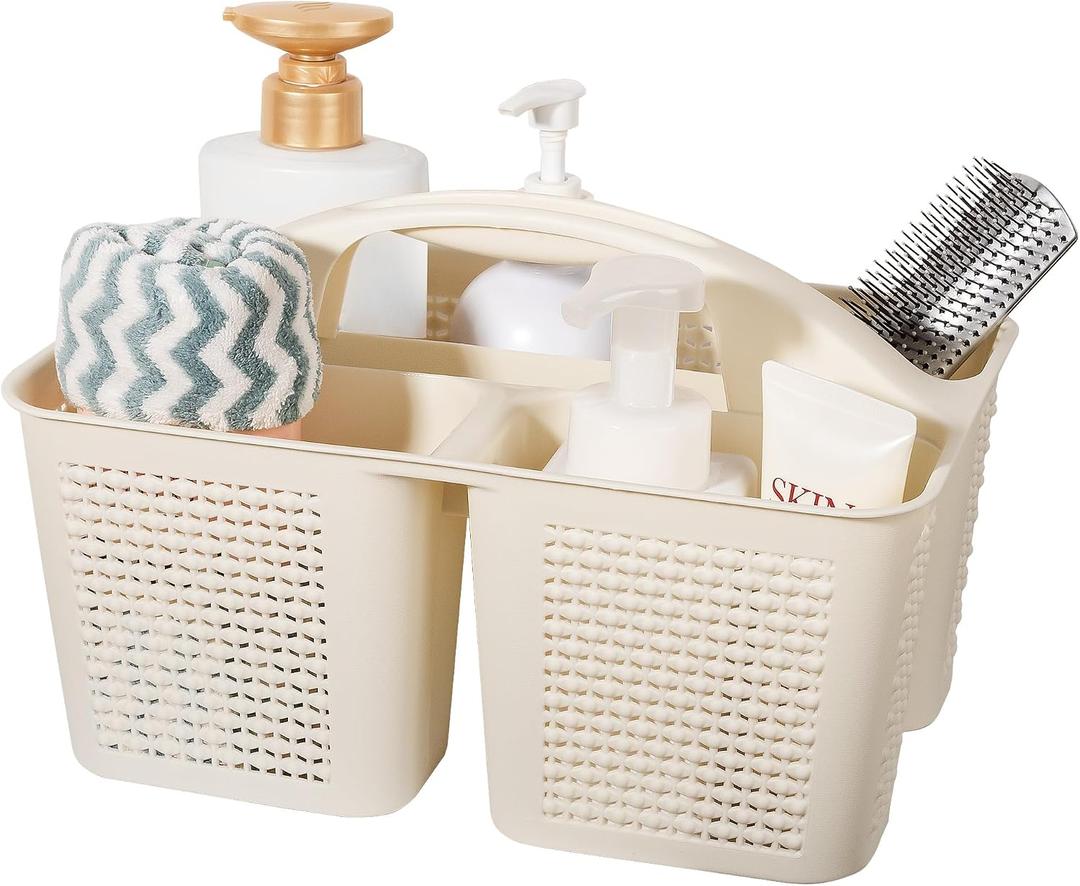 Plastic Portable Shower Caddy Basket with Handle, 3 Compartments, Beige