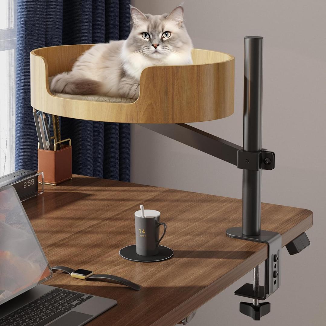 Cat Desk Bed  Cat Bed for Indoor Cats with Adjustable Height&360 Rotation, Elevated Desk Nest Cats Beds for Table, Desktop Cat's Hammock for Small Space, Wooden Cat's Bed Desktop Kitten Furniture (Oak)