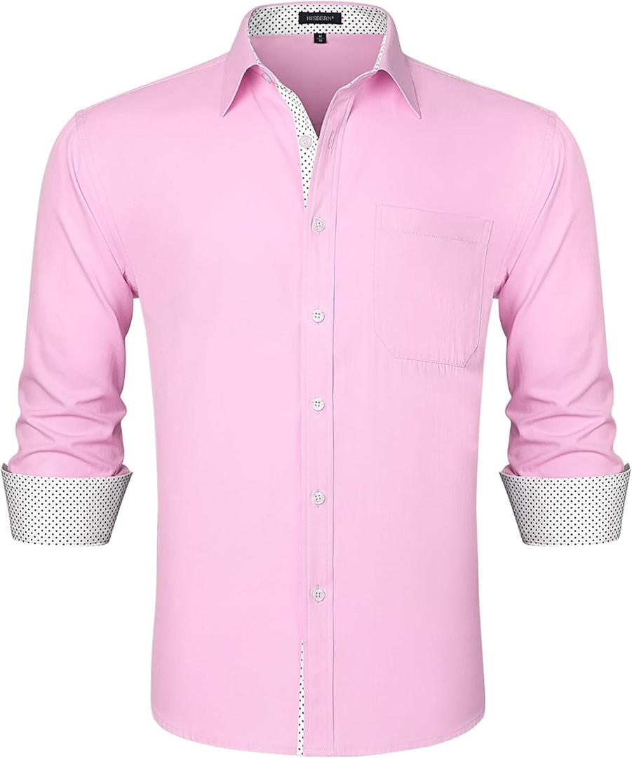 HISDERN Mens Dress Shirts Long Sleeve Button Down Casual Shirts for Men Inner Contrast Formal Business Tuxedo Wedding Shirt (XX-Large, C2-pink (Polka Dot))