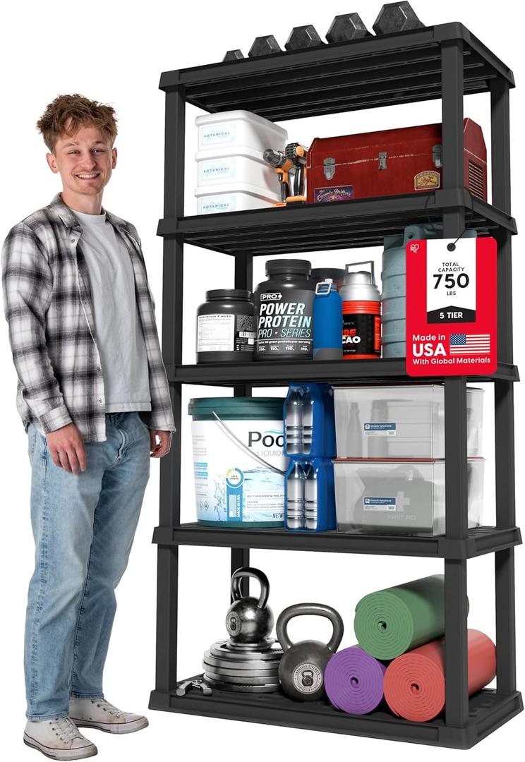 IRIS USA 5-Shelf Heavy Duty Plastic Storage Shelves, 750lb Capacity, 73" H x 36" W x 18" D, Large Modular Shelving Unit Storage Organizer for Garage, Home, Warehouse & Gym, Storage Rack - Black, 5 Tier | 18"d X 36"w X 73"h