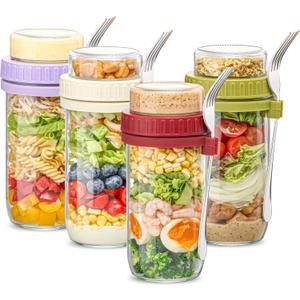 Danmu 24 oz Glass Meal Prep Containers 4-Pack with Lid & Dressing Cup - Leak Proof Salad Jars & Overnight Oats Containers with Lids Stainless Steel Fork Included for On the Go Lunch, Work, Fitness