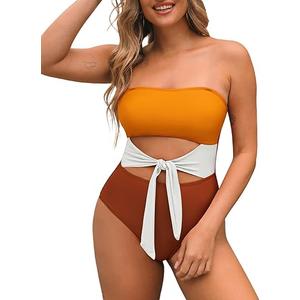 Pink Queen Women Bandeau One Piece Swimsuit Removable Strap Cutout Tie High Waist Bathing Suit Monokini XL