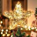 Christmas Tree Topper Star Shiny Gold Tinsel Star Tree Topper 10 Inch Lighted Tree Topper Battery Operated Christmas Tree Decoration for Holiday Indoor Decoration Warm White Light